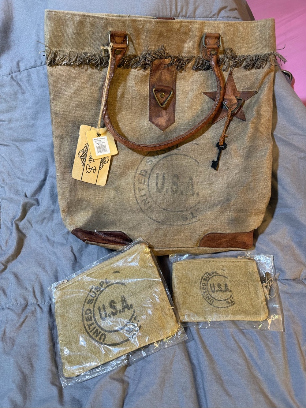 Mona B Khaki Canvas Tote with Brown Leather Trim and USA Stamp